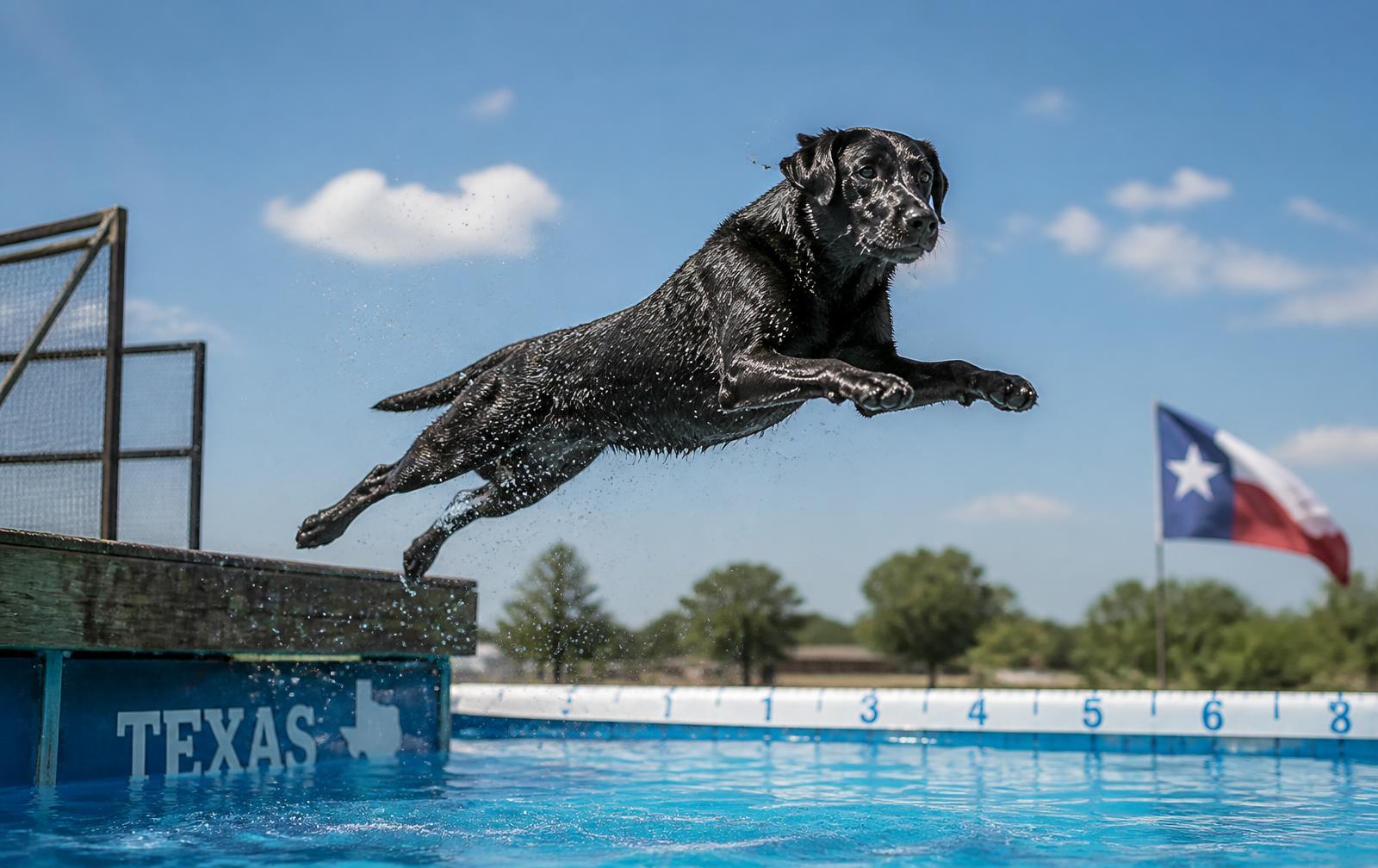 A black Labrador flying off the dock over bright blue water